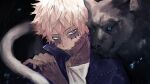  1boy bangs black_cat black_jacket blue_eyes boku_no_hero_academia burn_scar cat costume dabi_(boku_no_hero_academia) face hair_between_eyes jacket jaguar looking_at_viewer male_focus mm39572 popped_collar portrait scar scar_on_chest scar_on_face scar_on_hand scar_on_neck shirt short_hair solo spiked_hair spoilers stapled stitches todoroki_touya trench_coat white_hair white_shirt 
