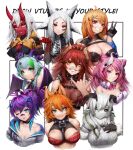  6+girls \m/ absurdres akumi_(yoclesh) animal_ears antennae bangs black_gloves black_nails black_sclera blue_eyes blue_hair bonnie_(bunny_gif) breasts bsapricot_(vtuber) buffpup_(vtuber) carrot_hair_ornament cleavage cleavage_cutout clothing_cutout collarbone colored_sclera colored_skin dragon_girl dragon_horns dyarikku_(vtuber) earrings fangs followers_favorite_challenge food-themed_hair_ornament fox_ears gloves grey_hair grey_jacket grey_skin grey_sweater hair_cones hair_ornament halter_top halterneck head_tilt heterochromia highres holding holding_pipe hood hooded_jacket hoodie hoop_earrings horns indie_virtual_youtuber ironmouse jacket jewelry juniper_actias large_breasts medium_breasts melody_(projektmelody) multiple_girls multiple_horns numanoan off_shoulder one_eye_closed oni orange_hair parted_lips pink_eyes pipe projektmelody purple_eyes red_eyes red_skin skin_fangs smile sweater v virtual_youtuber vshojo vyugen white_hair wings yellow_eyes yellow_hoodie zentreya_(vtuber) 