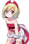  1girl :/ bangs bare_shoulders blonde_hair blue_eyes bob_cut bracelet breasts closed_mouth collar collarbone commentary cowboy_shot diadem eyebrows_visible_through_hair hair_between_eyes hands_on_own_thighs highres irida_(pokemon) jewelry light_blush looking_at_viewer medium_hair naga_u obi pokemon pokemon_(game) pokemon_legends:_arceus red_shirt sash shirt shorts shoulder_blush simple_background small_breasts solo strapless strapless_shirt tareme white_background white_shorts 