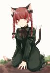  1girl animal_ear_fluff animal_ears arm_support bangs black_bow black_bowtie blunt_bangs bow bowtie braid breasts cat_ears cat_tail daisy dress extra_ears eyebrows_visible_through_hair flower frills full_body green_dress hair_bow hair_ribbon highres juliet_sleeves kaenbyou_rin kneeling koto_(shiberia39) light_blush light_frown long_hair long_sleeves looking_down medium_breasts multiple_tails nekomata on_ground pink_flower pointy_ears puffy_sleeves red_eyes red_hair ribbon sad simple_background solo tail touhou tress_ribbon twin_braids twintails two_tails white_background 