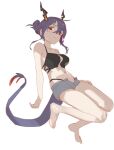  1girl arknights bikini bikini_under_clothes black_bikini blue_hair blue_shorts ch&#039;en_(arknights) dragon_girl dragon_horns dragon_tail full_body hair_between_eyes hair_bun horns lynchis navel open_fly red_eyes shorts simple_background sketch solo swimsuit tail white_background 