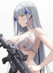  1girl assault_rifle bangs blunt_bangs blush bra breasts cleavage closed_mouth cross_hair_ornament from_side girls&#039;_frontline green_eyes gun h&amp;k_hk416 hair_ornament headset highres hk416_(girls&#039;_frontline) holding holding_gun holding_weapon id_card keenh large_breasts long_hair looking_ahead rifle scope sideboob silver_hair solo straight_hair strap torn_bra torn_clothes underwear upper_body very_long_hair weapon white_bra 