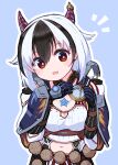  1girl black_hair breasts chest_jewel crossette_(xenoblade) highres horns medium_breasts multicolored_hair open_mouth paskmel pointy_ears short_hair solo streaked_hair white_hair xenoblade_chronicles_(series) xenoblade_chronicles_2 