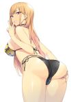  1girl ass ass_grab back bent_over bikini black_bikini black_choker blonde_hair breasts cameltoe choker covered_nipples cowboy_shot ear_piercing earrings eyebrows_visible_through_hair floral_print from_behind grabbing_own_ass grin highres jewelry kitagawa_marin large_breasts long_hair looking_at_viewer munashi_mujou piercing print_bikini purple_eyes revision side-tie_bikini sideboob simple_background smile solo sono_bisque_doll_wa_koi_wo_suru standing straight_hair string_bikini swimsuit thighs v white_background 