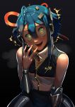  1girl @_@ absurdres android bare_shoulders barley_juice black_background blue_hair english_commentary highres looking_at_viewer magnet multicolored_eyes original smile solo 