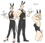  1girl 2boys animal_ears ashley_graham ass black_leotard blonde_hair bow bowtie breasts closed_mouth fake_animal_ears fake_tail high_heels jack_krauser leon_s._kennedy leotard looking_at_viewer multiple_boys open_mouth playboy_bunny psmhbpiuczn resident_evil resident_evil_4 short_hair simple_background smile strapless strapless_leotard tail white_background wrist_cuffs 