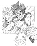  battle_damage dragon_ball dragon_ball_super highres jewelry kamehameha kefla_(dragon_ball) lineart looking_at_viewer looking_to_the_side muscular open_mouth shouting simple_background son_goku spiked_hair super_saiyan torn_clothes ultra_instinct youngjijii 