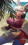 1girl animal_ears arm_up armpits avatar_(ff14) bangs beach belt belt_pouch blonde_hair blue_eyes breasts chest_tattoo commission covered_nipples day elbow_pads eyebrows_visible_through_hair eyelashes final_fantasy final_fantasy_xiv fingerless_gloves from_above glasses gloves highres huge_breasts jewelry letterboxed long_hair looking_at_viewer midriff nanabi_(pleasure) navel necklace open_mouth outdoors pants parted_bangs pouch rabbit_ears rimless_eyewear sand single_strap sitting skeb_commission smile solo stomach tank_top tattoo viera water 