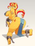  2022 anthro anthrofied big_breasts blue_eyes braided_hair breasts butt clothed clothing cosplay costume crossover crossover_cosplay cuff_(restraint) cutie_mark equestria_girls equid equine eyebrows feet female fingers hair hi_res horn kneeling long_hair looking_back mammal multicolored_hair my_little_pony red_hair restraints sergioghi shackles signature skimpy slave_leia_costume solo star_wars sunset_shimmer_(eg) two_tone_hair unicorn yellow_body 