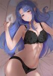  1girl bed_sheet black_bra black_panties blue_hair blush bra braid breasts cleavage closed_mouth dai00888 fate_(series) highres large_breasts looking_at_viewer lying medea_(fate) navel on_back panties pillow pointy_ears raised_eyebrows smile solo stomach underwear underwear_only 