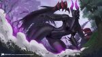  2022 alanscampos anthro black_body black_scales breasts capcom dust_cloud female forest gore_magala grass hi_res horn looking_at_viewer monster_hunter open_mouth plant purple_eyes scales scalie solo text tree url video_games wings 