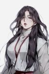  1girl black_hair breasts dress ears_visible_through_hair expressionless large_breasts long_hair looking_at_viewer return_of_the_mount_hua_sect s_walpae turtleneck twitter_username white_clothes white_dress yu_iseol_(return_of_the_mount_hua_sect) 