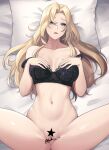  1girl bed_sheet black_bra blonde_hair blue_eyes blush bra breasts censored collarbone groin highres hornet_(kancolle) kantai_collection large_breasts long_hair looking_at_viewer navel odachu open_mouth pillow pussy signature solo star_censor underwear 