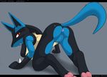  2008 all_fours anus ass breasts english furry gen_4_pokemon looking_back lucario medium_breasts open_mouth pokemon pokemon_(creature) pussy red_eyes scappo simple_background solo tail uncensored 