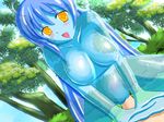  ahoge artist_request blue_hair blue_skin blush breasts censored dutch_angle forest goo_girl looking_at_viewer monster_girl nature nipples nude open_mouth outdoors penis pov pov_eye_contact pussy sex slime_girl slimegirl smile source_request transparent vaginal yellow_eyes yumeutsutsu_hideki 