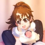  1girl apron brown_eyes brown_hair censored cum cum_in_mouth cum_on_clothes facial hetero long_hair open_mouth paizuri paizuri_under_clothes penis ponytail pov solo_focus taneshima_popura working!! 
