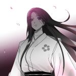  1girl black_hair expressionless greyscale hen00ge highres long_hair monochrome petals return_of_the_mount_hua_sect staring turtleneck twitter_username white_clothes yu_iseol_(return_of_the_mount_hua_sect) 