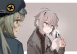  2girls alternate_costume bandaid bandaid_on_nose bangs beret black_jacket blush brown_eyes commentary_request eyebrows_visible_through_hair girls&#039;_frontline grey_hair hair_between_eyes hat holding holding_pen hs2000_(girls&#039;_frontline) jacket long_sleeves looking_at_another looking_at_object m200_(girls&#039;_frontline) meta0614 multiple_girls open_mouth pen ponytail purple_eyes upper_body 