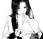  1girl 333_2d bandaged_arm bandages black_hair collarbone expressionless greyscale injury long_hair monochrome return_of_the_mount_hua_sect torn_clothes white_clothes yu_iseol_(return_of_the_mount_hua_sect) 
