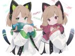  2girls :3 asymmetrical_bangs bangs baozi blue_archive blue_bow blush bow cat_ear_headphones cat_tail character_name covered_mouth eip_(pepai) eyebrows_visible_through_hair food green_eyes green_scarf hair_bow halo hand_on_own_chest headphones highres holding holding_food jacket layered_clothing light_blush light_brown_hair long_sleeves looking_at_viewer medium_hair midori_(blue_archive) momoi_(blue_archive) multicolored_clothes multicolored_jacket multiple_girls open_clothes open_jacket parted_bangs red_bow red_eyes red_scarf scarf simple_background steam tail upper_body white_background white_jacket wide_sleeves 