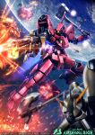  axe earth_(planet) explosion flying gun gundam gundam_arsenal_base gundam_gusion_rebake gundam_tekketsu_no_orphans highres hiropon_(tasogare_no_puu) holding holding_axe holding_gun holding_weapon mecha mobile_suit no_humans planet ryusei-go smoke solo_focus space v-fin weapon 