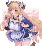  1girl bangs blonde_hair blue_eyes blush breasts chocolate commentary_request draph granblue_fantasy hair_intakes highres horns large_breasts long_hair melting off-shoulder_sweater off_shoulder pointy_ears razia simple_background skirt solo sweater thighhighs u_jie valentine very_long_hair 