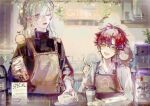  2boys animal_on_shoulder apron cafe coffee cup go_home_club highres ker_(vtuber) looking_at_viewer monkey multiple_boys one_eye_closed pale_skin red_hair virtual_youtuber white_hair yellow_eyes yooju_(vtuber) yoojucha 