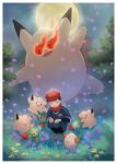  1boy alpha_pokemon black_hair black_shirt border clefable clefairy cleffa commentary_request flower grass grey_jacket grey_pants hat highres jacket kikuyoshi_(tracco) male_focus moon night outdoors pants pokemon pokemon_(creature) pokemon_(game) pokemon_legends:_arceus purple_flower red_headwear red_scarf rei_(pokemon) roselia scarf shirt shoes short_hair sky squatting white_border 