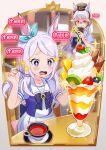  +_+ 2girls animal_ears blush cellphone commentary_request cup gold_ship_(umamusume) hat headphones highres horse_ears horse_tail long_hair mejiro_mcqueen_(umamusume) multiple_girls open_mouth overload_(artist) paku_paku_desuwa parfait phone plate purple_eyes school_uniform smug spoon tail teacup tracen_school_uniform umamusume 