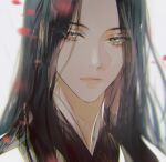  1girl black_hair blurry expressionless gradient_eyes haban_(haban35) highres long_eyelashes long_hair multicolored_eyes petals return_of_the_mount_hua_sect twitter_username white_clothes yu_iseol_(return_of_the_mount_hua_sect) 