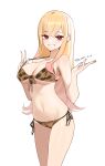  1girl absurdres bangs bare_arms bare_shoulders bikini blonde_hair breasts brown_bikini cowboy_shot front-tie_bikini front-tie_top grin guangsupaomian hands_up highres kitagawa_marin large_breasts long_hair looking_at_viewer navel red_eyes side-tie_bikini simple_background smile solo sono_bisque_doll_wa_koi_wo_suru standing stomach strap_pull swimsuit thighs very_long_hair white_background 