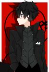  amamiya_ren black_eyes black_hair black_jacket ears hands_in_pockets highres jacket l mask ooking_to_the_side persona persona_5 red_background 
