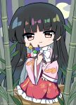  1girl bamboo bamboo_forest bangs black_hair blunt_bangs bow bowtie branch brown_eyes chibi closed_mouth crescent crescent_pin eyebrows_visible_through_hair forest frilled_skirt frills full_body highres hime_cut holding holding_branch houraisan_kaguya japanese_clothes kimono long_hair long_sleeves looking_at_viewer nature outdoors pink_kimono ramudia_(lamyun) red_skirt skirt smile solo standing touhou twitter_username very_long_hair white_bow white_bowtie wide_sleeves 