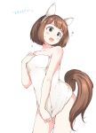  1girl animal_ears bottomless braid brown_eyes brown_hair commentary_request crown_braid ear_covers hamao highres horse_ears horse_girl horse_tail naked_towel short_hair solo tail towel umamusume white_background yukino_bijin_(umamusume) 