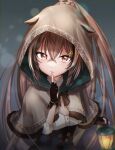  1girl bangs blurry bokeh brown_capelet brown_cloak brown_corset brown_eyes brown_hair capelet cloak corset depth_of_field feather_hair_ornament feathers gloves hair_ornament highres hololive hololive_english hood index_finger_raised lantern looking_at_viewer nanashi_mumei parted_lips partially_fingerless_gloves ponytail ribbon rryiup shirt solo virtual_youtuber white_shirt 