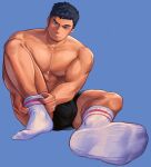  1boy absurdres bara black_hair black_male_underwear blue_background blue_eyes boxer_briefs bulge feet foreshortening highres knee_up large_pectorals leg_hair light_frown looking_down male_focus male_underwear muscular muscular_male nipples original pectorals ribbed_legwear shian948076 short_hair simple_background sitting socks solo spread_legs underwear underwear_only veiny_arms very_short_hair white_legwear 