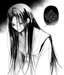  1girl black_hair blush greyscale long_hair looking_down mehwasan_10 monochrome return_of_the_mount_hua_sect sad translation_request twitter_username white_background white_clothes yu_iseol_(return_of_the_mount_hua_sect) 