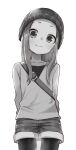  1girl absurdres bangs beanie closed_mouth collarbone commentary_request cowboy_shot forehead greyscale hat head_tilt highres karakai_jouzu_no_takagi-san legwear_under_shorts long_hair long_sleeves looking_at_viewer monochrome pantyhose parted_bangs shirt short_shorts shorts simple_background smile solo takagi-san white_background yamamoto_souichirou 