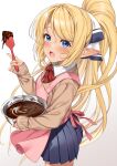  1girl :o apron beige_jacket blonde_hair blue_eyes blue_skirt blush bow bowl bowtie chocolate chocolate_making commentary_request cowboy_shot elf enjo_kouhai eyebrows_visible_through_hair highres iris_(takunomi) long_hair long_sleeves looking_at_viewer open_mouth pink_apron pleated_skirt pointy_ears ponytail red_bow red_bowtie simple_background skirt sleeves_past_wrists solo spatula takunomi valentine very_long_hair white_background 