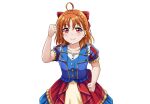  1girl absurdres ahoge bow clenched_hand collarbone eyebrows_visible_through_hair hair_bow highres jan_azure looking_at_viewer love_live! love_live!_sunshine!! matsuoka_shuuzou orange_hair real_life red_bow red_eyes short_hair short_sleeves takami_chika transparent_background 
