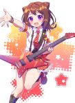  1girl :d absurdres bang_dream! bangs black_legwear black_shorts breasts brown_hair caramell0501 collared_shirt commentary_request electric_guitar eyebrows_visible_through_hair guitar hair_cones high_heels highres holding holding_instrument instrument long_hair looking_at_viewer necktie outstretched_arm pleated_skirt purple_eyes red_footwear red_necktie red_skirt shirt short_shorts shorts showgirl_skirt skirt sleeveless sleeveless_shirt small_breasts smile socks solo standing standing_on_one_leg star_(symbol) starry_background suspender_skirt suspenders toyama_kasumi white_shirt 
