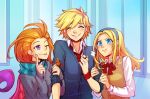  1boy 2girls :p alternate_costume bangs blonde_hair blue_eyes bow bowtie closed_eyes collared_shirt ezreal facing_viewer green_hairband green_jacket grin hairband hand_up hands_up jacket jewelry league_of_legends long_hair lux_(league_of_legends) multiple_girls one_eye_closed orange_hair pink_hair pout purple_eyes red_bow red_bowtie red_wristband ring shirt short_hair smile teeth tongue tongue_out vmat white_shirt zoe_(league_of_legends) 