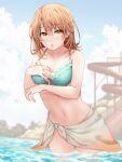  1girl :o bikini blurry blush breasts brown_hair cleavage cloud commentary_request covering covering_breasts depth_of_field eyebrows_visible_through_hair isshiki_iroha navel open_mouth red_hayao sarong solo swimsuit water_slide yahari_ore_no_seishun_lovecome_wa_machigatteiru. yellow_eyes 