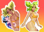  2girls alternate_costume artist_name bangs bare_shoulders bikini black_bow blue_hair blushy-pixy bow breasts cleavage collarbone cowboy_shot detached_sleeves english_commentary freckles from_side gradient gradient_background green_eyes grin gwen_(league_of_legends) hair_bow hand_in_hair highres league_of_legends long_hair looking_at_viewer multiple_girls navel orange_bikini outline pink_eyes puffy_short_sleeves puffy_sleeves purple_bikini red_background shiny shiny_hair short_sleeves signature smile swimsuit teeth thinking twintails white_outline zeri_(league_of_legends) 