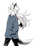  1girl animal_ears arknights black_legwear blue_hoodie cowboy_shot from_side hair_ornament hairclip hands_in_pockets hood hood_down hoodie kuroda_(nanchara_flight) lappland_(arknights) long_hair looking_up messy_hair profile scar scar_across_eye simple_background solo tail white_background white_hair wolf_ears wolf_girl wolf_tail 