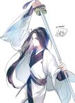  1girl black_hair expressionless homeworkhome long_hair return_of_the_mount_hua_sect sheath sword unsheathing weapon white_background white_clothes yu_iseol_(return_of_the_mount_hua_sect) 