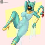  accessory animal_humanoid cat_humanoid clothing domestic_cat felid felid_humanoid feline feline_humanoid felis female fours_(artist) green_body green_skin hair_accessory hair_bow hair_ribbon hand_behind_head hi_res high_heels humanoid jewelry mammal mammal_humanoid monoeye nyanlathotep_(sucker_for_love) ribbons solo sucker_for_love translucent translucent_clothing 