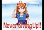  1girl absurdres ahoge bow clenched_hand collarbone day english_text engrish_text eyebrows_visible_through_hair hair_bow highres jan_azure looking_at_viewer love_live! love_live!_sunshine!! matsuoka_shuuzou ocean orange_hair outdoors pillarboxed ranguage real_life red_bow red_eyes short_hair short_sleeves takami_chika water 