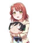  1girl absurdres blush brown_hair character_doll collarbone eyebrows_visible_through_hair hair_bun hairband highres jan_azure lips looking_at_viewer love_live! love_live!_nijigasaki_high_school_idol_club nesoberi open_mouth short_hair smile solo takasaki_yuu teeth transparent_background uehara_ayumu upper_teeth yellow_eyes 