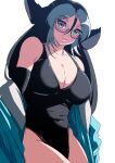  black_gloves black_hair black_swimsuit breasts brown_eyes california_sea_lion_(kemono_friends) cleavage collarbone covered_navel elbow_gloves eyebrows_visible_through_hair glasses gloves grey-framed_eyewear grey_hair highres large_breasts long_hair looking_at_viewer mamiyama multicolored_hair one-piece_swimsuit swimsuit 